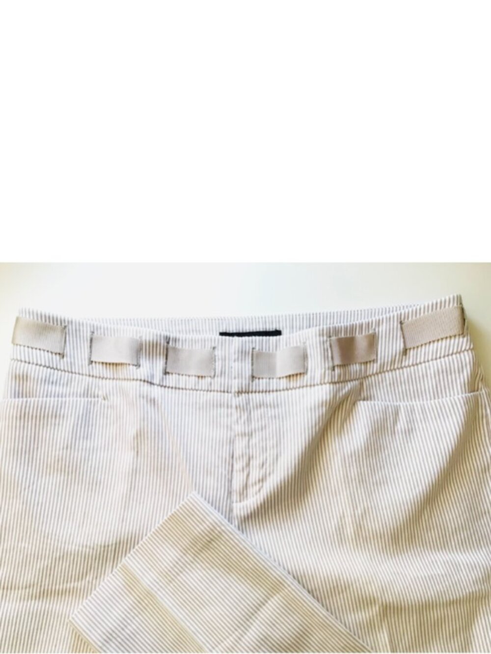 2/$29 INC ribbon waist cropped capri size 8 tan white pinstriped pants - Picture 4 of 12